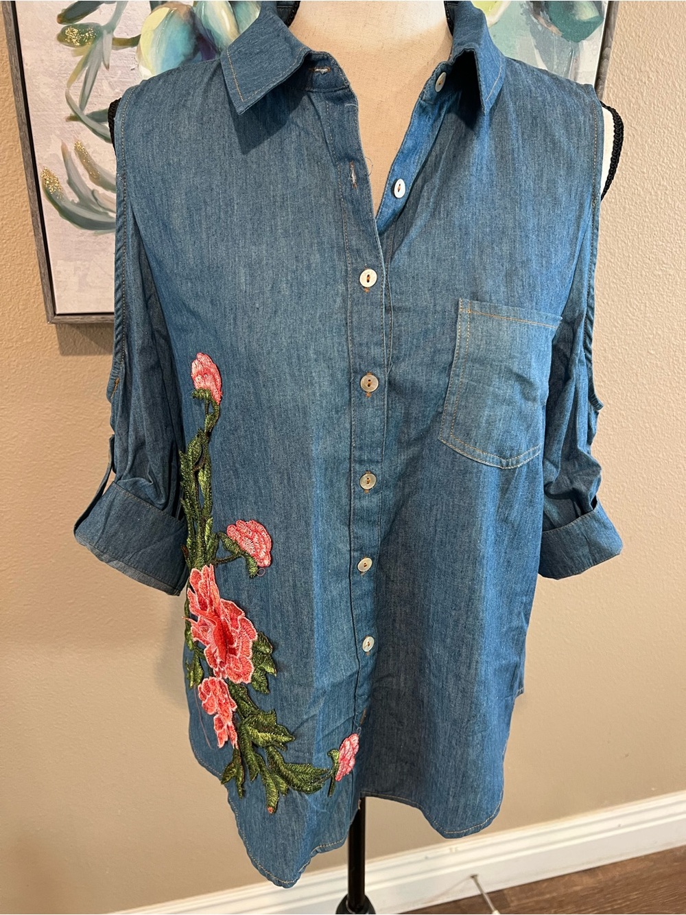 Bluebelle Blue Denim Cold-Shoulder Button-Down Shirt with Pink Floral Embroidery